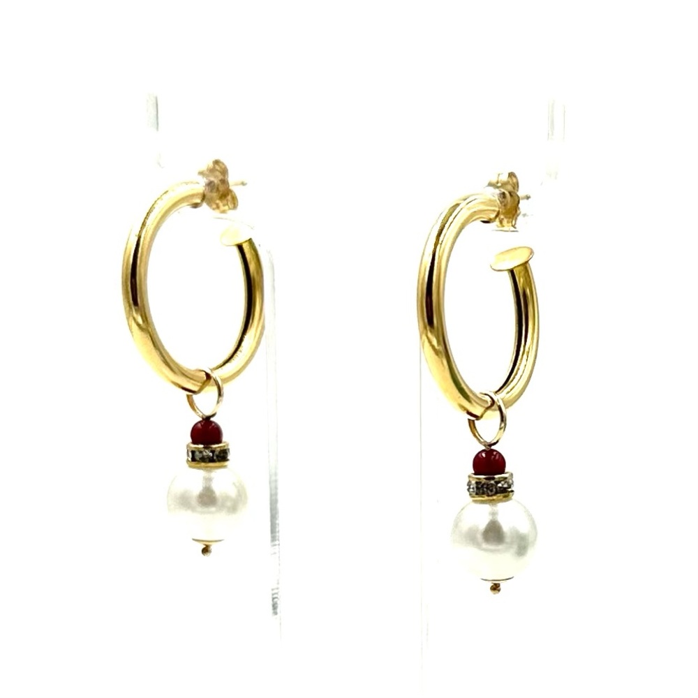 Hoop Earrings 14k Yellow Gold Filled Faux Pearl Ruby Rhinestone Drop Dangles